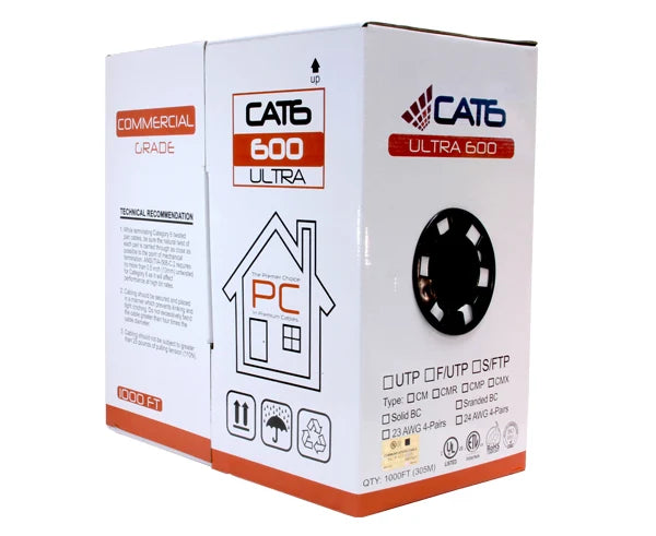 CAT6 Bulk Cable - MIG+ (U/UTP) CMR, 600 MHz, 23AWG 8/C Solid BC (UL), 1000' Pull Box - Black